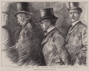 Een proeverij bij de London Docks, het selecteren van een vat